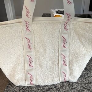 PINK Victoria's Secret sherpa White Tote Bag with Pink Accents